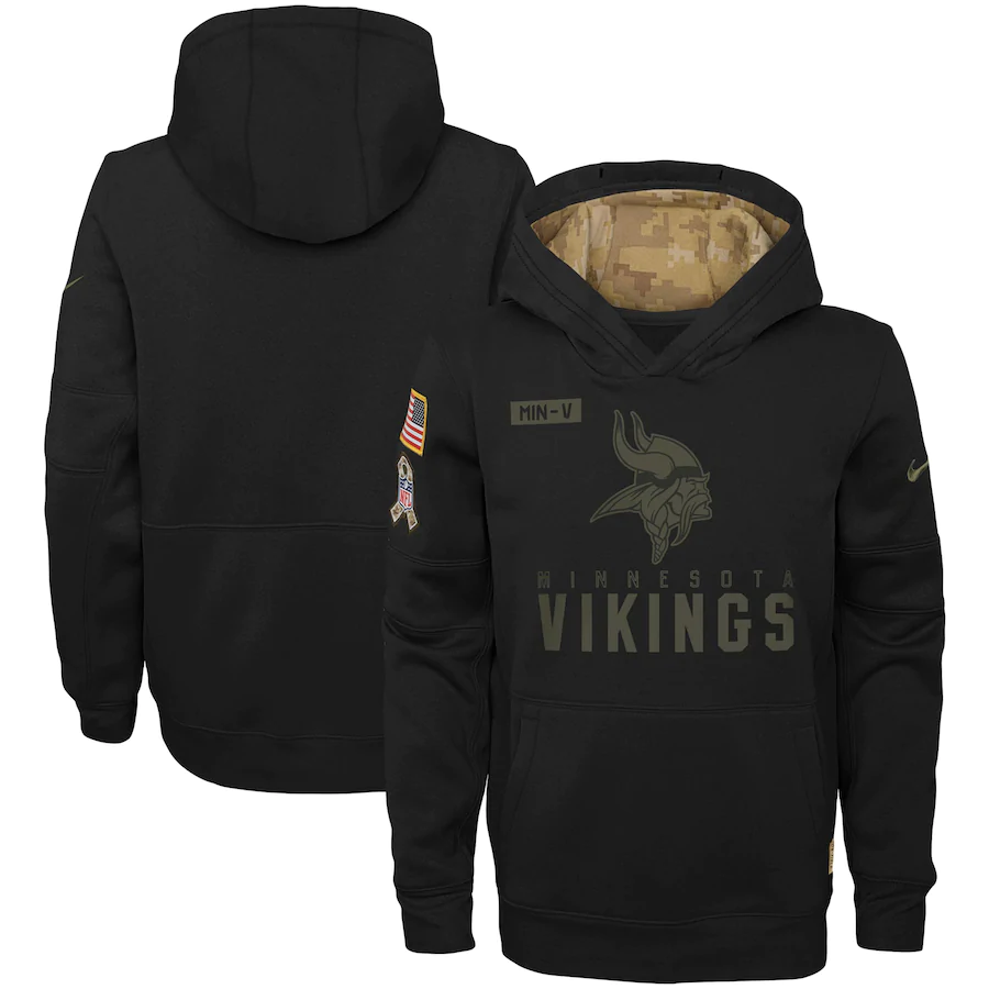 Youth Minnesota Vikings 2020 Black Salute to Service Sideline Performance Pullover Hoodie